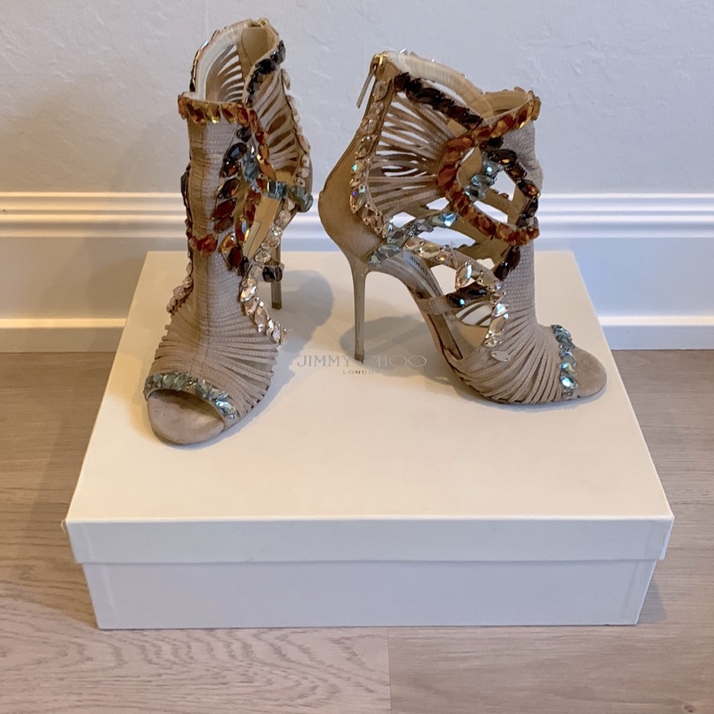 Authentic Jimmy Choo “Elba” Suede With Crystal Open Toe Stiletto Bootie